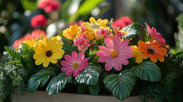 Vibrant flower arrangement in a light-brown planter - Powered by Adobe