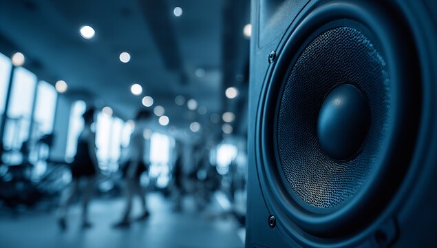 Modern Audio Speakers in Luxury Fitness Center Interior with People Exercising in Background, Blue Light Tone
