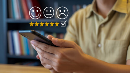 A close-up photograph of a hand holding a black smartphone while interacting with a digital customer feedback interface.