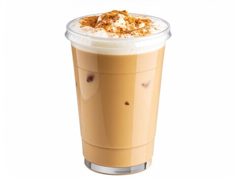 Iced Chai Latte In Clear Plastic Cup With Cinnamon Sprinkles On White Background