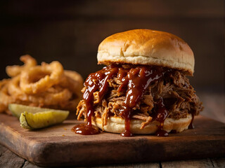 Pulled pork sandwich topped with barbecue sauce and pickles  