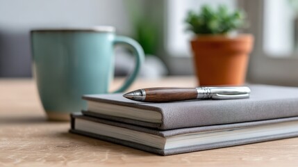 A wooden pen rests on two stacked notebooks on a wooden table with a green mug and a blurred potted plant in the background.