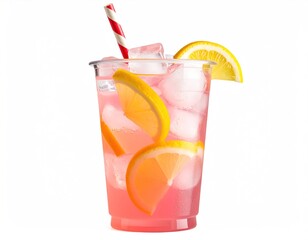 Pink Lemonade In Transparent Glass With Ice Cubes Citrus Slices And Red Striped Straw Isolated Against White Background