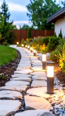 Obraz premium Illuminated Stone Path With Solar Garden Lights Creating Peaceful Ambience During Evening