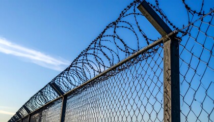 Barbed wire fence against a blue sky.