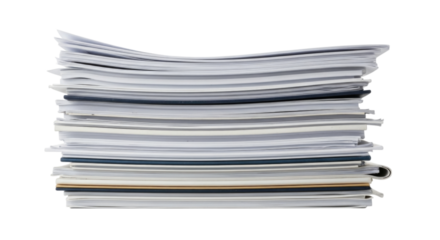 Stack of printed documents and papers cutout isolated on transparent bg, png