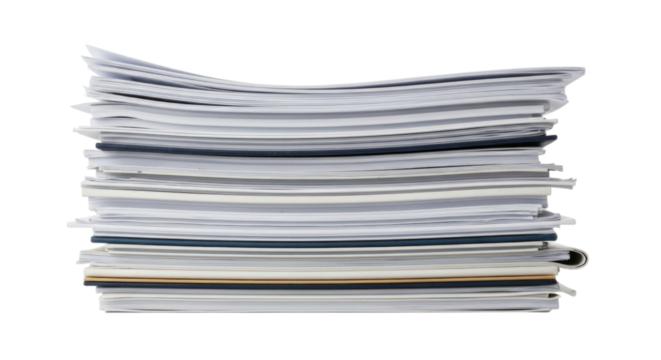 Stack of printed documents and papers cutout isolated on transparent bg, png
