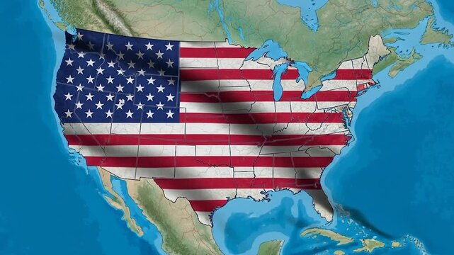 USA flag on the map of USA, American flag on the background of the country, animation