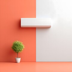 An indoor climate control system mounted on a coral and white wall provides refreshing air near a potted plant for a minimalist modern living space aesthetic.