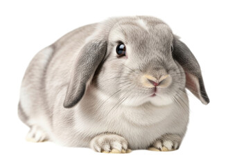 Gray rabbit sitting calmly with a soft fur coat in a relaxed posture cutout isolated on transparent bg, png