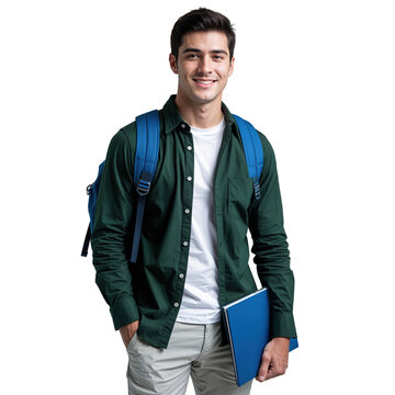 Happy Young Male Student Smiling with Blue Folder and Backpack on Isolated transparent background