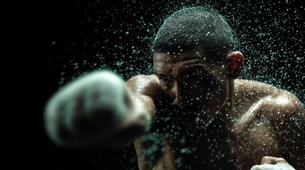Boxer mid-punch in slow motion, sweat droplets suspended, force feedback data projected behind gloves
