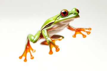 Obraz premium Close-up of Red-eyed Tree Frog Crawling on White Background, Tropical Amphibian