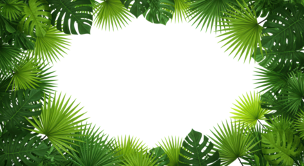 Lush tropical green foliage and palm fronds with varied textures framing a vast, seamless, bright white background with ample copy space, showcasing vibrant emerald and lime hues, professional studio