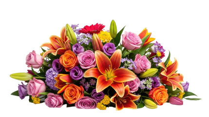 Vibrant flower bouquet featuring lilies, roses, and seasonal blooms cutout isolated on transparent bg, png
