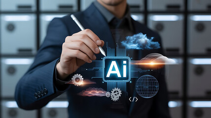 Man interacting with artificial intelligence suit technology