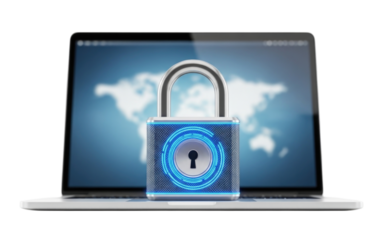 Digital security lock on laptop with world map displaying cutout isolated on transparent bg, png