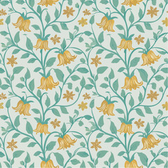 seamless vector pattern of ornamental vines and bell flowers in soft teal tones
