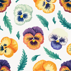 seamless pansy repeat pattern with stylized floral icons for romantic or vintage-themed design