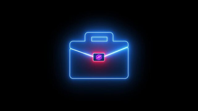 Neon glowing cyan work bag icon with dollar symbol animation, black background, finance, business, money concept, stock footage, modern design, vibrant glow