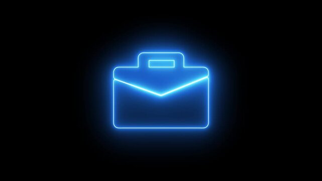 Neon glowing cyan briefcase icon, work bag symbol animation, business icon loop, on black background