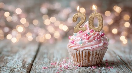 Celebrating 20th Birthday with Cupcake and Candles Cozy Kitchen Dessert Photography Festive Atmosphere Close-Up View