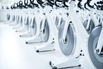 Row of stationary bikes in a fitness center for indoor cycling workouts and training