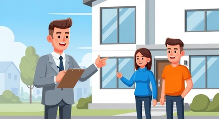 Real estate agent presenting a house to potential buyers.