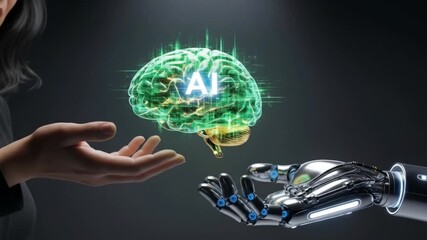 Human and robotic hands reaching toward AI hologram in futuristic interface seamless looping time-lapse animation video background. Technology concept - Powered by Adobe