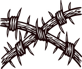 Hand drawn sketch of twisted barbed wire with sharp spikes and knots on white background
