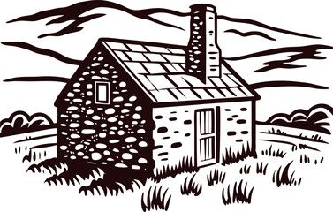 Fototapeta premium Old stone cottage with chimney and wooden door in rural landscape, mountain and grass illustration, vintage drawing