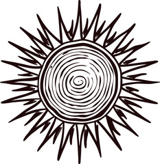 Hand drawn vintage sunburst illustration with stylized circular rays and woodcut swirl pattern