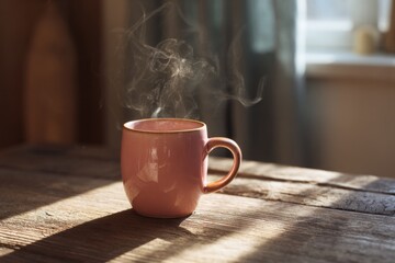 Guava color ceramic coffee mug on rustic wooden table with steam, cozy breakfast setting