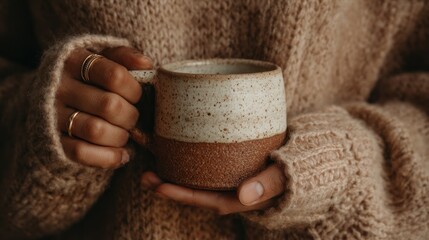 Hands holding a ceramic mug
