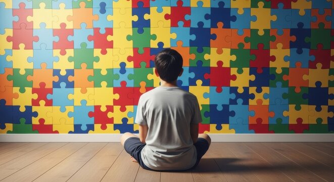 A child sits facing away from the camera, looking at a vibrant wall covered in colorful autism puzzle pieces