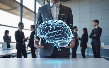 Businessman displaying illuminated brain concept illustrating innovative thinking and strategic business ideas in modern office environment