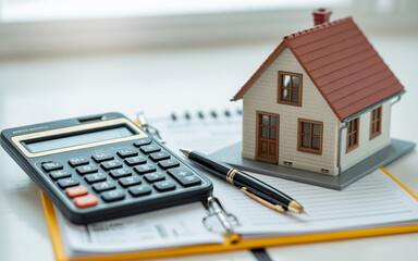 Calculating home ownership costs with a miniature house calculator pen and paper on a white surface.