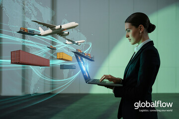 Businesswoman managing global logistics operations with a laptop overseeing shipping and air cargo worldwide transport.