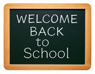 Obraz premium Rectangular Chalkboard with Welcome Back To School Message in White Chalk on Green Surface with Wooden Frame