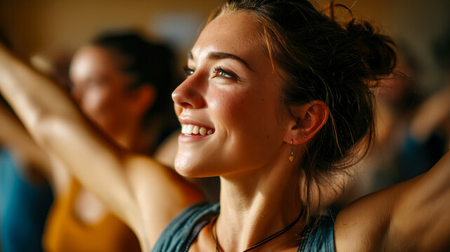 Smiling woman in a yoga class stretching her arms. Focus on her radiant face and the positive energy in the room.