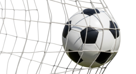 Soccer ball going into goal net cutout isolated on transparent bg, png