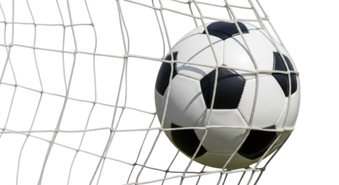 Soccer ball going into goal net cutout isolated on transparent bg, png