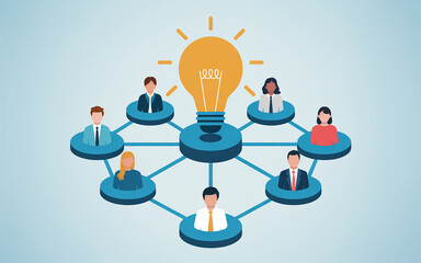 Collaborative teamwork illustrative depiction featuring diverse professionals surrounding a central bright idea symbolizing innovation.