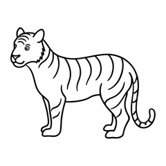 Stylized black and white line drawing of a tiger standing gracefully isolated on white background
