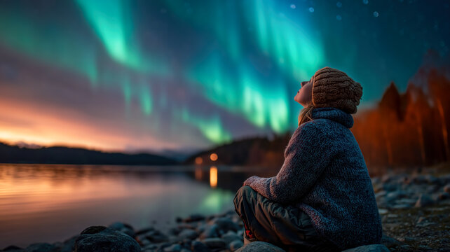 Woman gazes at the breathtaking aurora borealis over a tranquil lake, surrounded by the serene beauty of nature's light show.