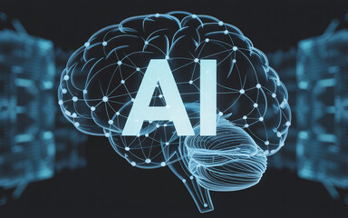 Conceptual illustration of artificial intelligence represented by a human brain diagram and ai text in blue tones