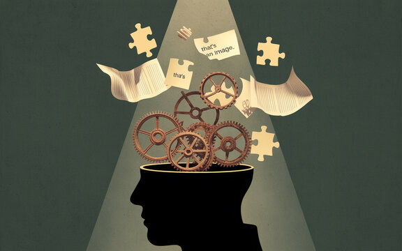 Conceptual illustration of mind processes and ideas featuring cogs puzzle pieces and notes symbolizing thoughts and cognitive functions.