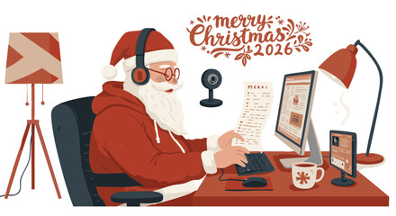 Santa Claus at home office flat vector red terracotta chrome tech