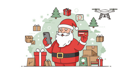 Santa Claus online shopping outline vector red green e-commerce