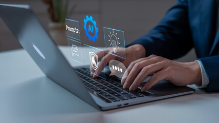 A close-up photograph of hands typing on a MacBook Pro laptop keyboard with floating holographic interface elements.